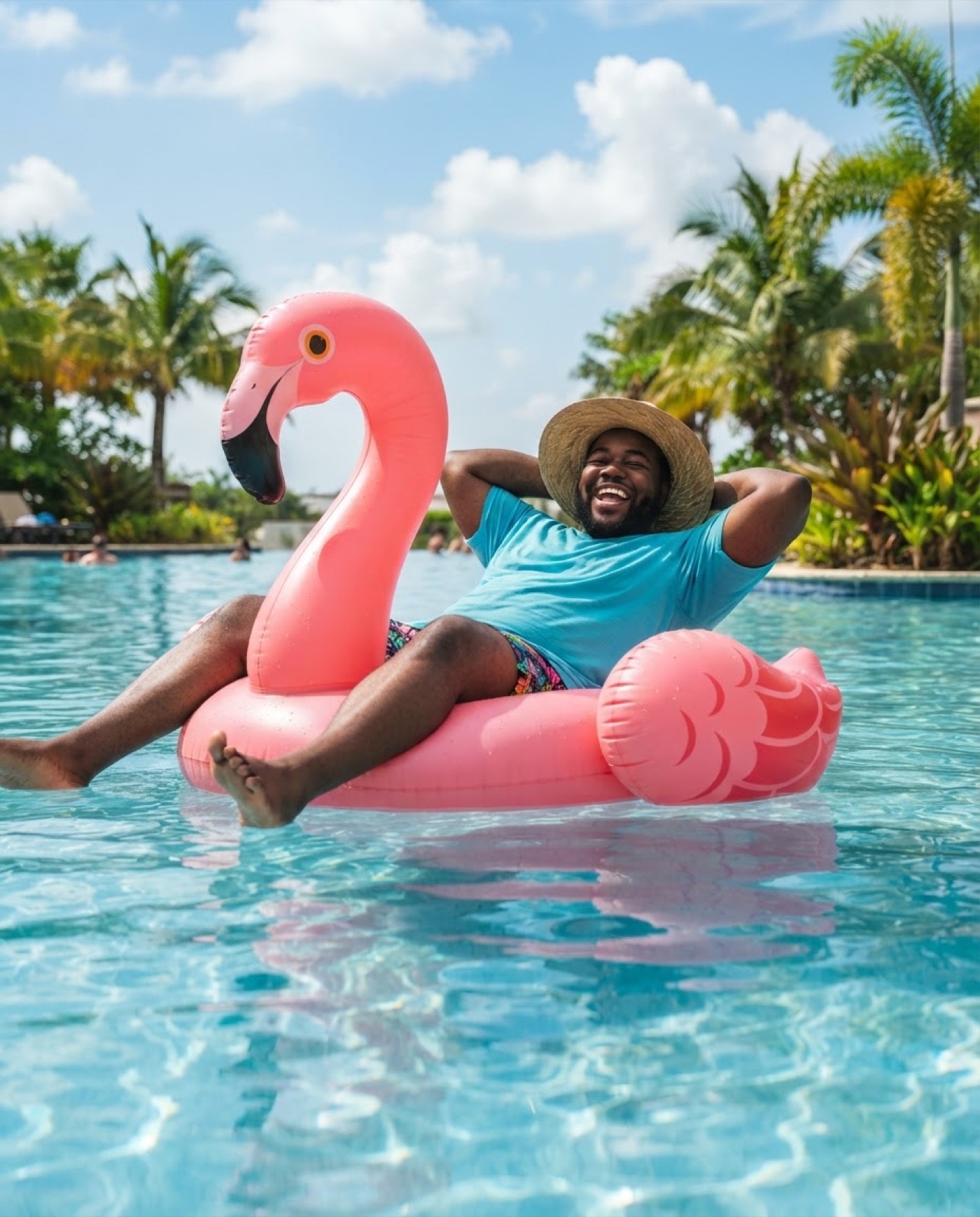 Floating on a flamingo in the pool, fully relaxed